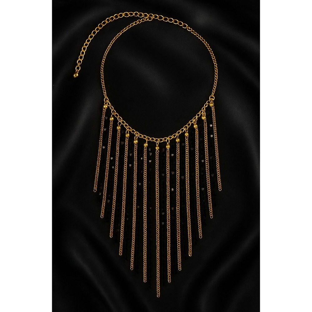 Gold Black Fringe Necklace Statement Long Layered Chain Boho Glam Jewelry